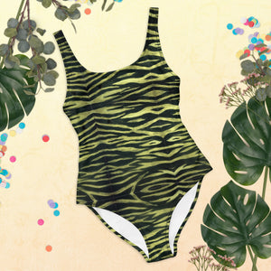 Yellow Tiger One-Piece Swimsuit, Animal Print Tiger Stripes Best Animal Print Luxury 1-Piece Unpadded Swimwear Bathing Suits, Beach Wear - Made in USA/EU/MX (US Size: XS-3XL) Plus Size Available