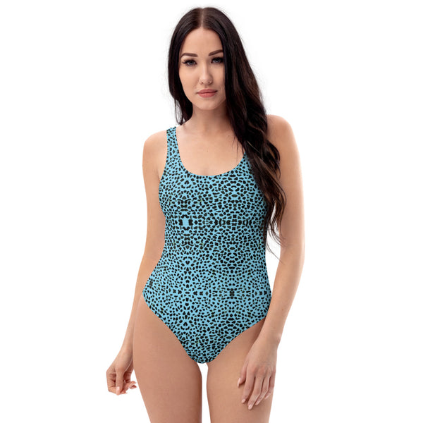Blue Cheetah One-Piece Swimsuit, Best Animal Print Luxury 1-Piece Unpadded Swimwear Bathing Suits, Beach Wear - Made in USA/EU/MX (US Size: XS-3XL) Plus Size Available