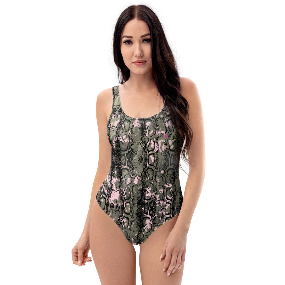 Dark Green Snake Print Swimsuit, Best One-Piece Python Snakeprint Luxury 1-Piece Unpadded Swimwear Bathing Suits, Beach Wear - Made in USA/EU/MX (US Size: XS-3XL) Plus Size Available