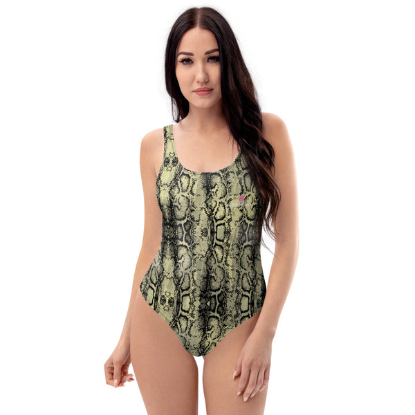 Light Green Snake Print Swimsuit, Best One-Piece Python Snakeprint Luxury 1-Piece Unpadded Swimwear Bathing Suits, Beach Wear - Made in USA/EU/MX (US Size: XS-3XL) Plus Size Available