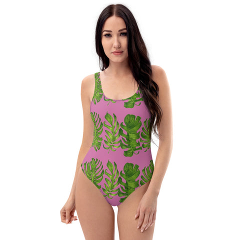 Pink Tropical Print Women's Swimsuit, Tropical Palm Leaves Print Luxury 1-Piece Unpadded Swimwear Bathing Suits, Beach Wear - Made in USA/EU/ MX (US Size: XS-3XL) Plus Size Available