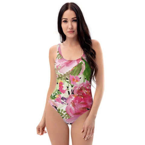 Pink Floral One-Piece Swimsuit, Rose Flower&nbsp;Print Luxury 1-Piece Unpadded Swimwear Bathing Suits, Beach Wear - Made in USA/EU/ MX (US Size: XS-3XL) Plus Size Available