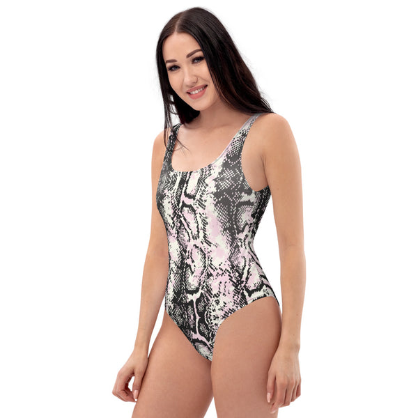 Snake Skin Print Swimwear, Green Snake Print Swimsuit, Best One-Piece Python Snakeprint Luxury 1-Piece Unpadded Swimwear Bathing Suits, Beach Wear - Made in USA/EU/MX (US Size: XS-3XL) Plus Size Available