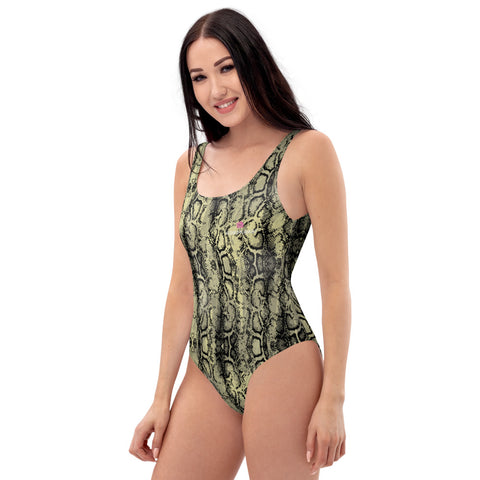 Light Green Snake Print Swimsuit, Best One-Piece Python Snakeprint Luxury 1-Piece Unpadded Swimwear Bathing Suits, Beach Wear - Made in USA/EU/MX (US Size: XS-3XL) Plus Size Available
