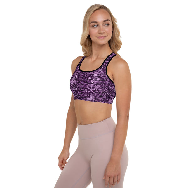 Purple Tiger Padded Sports Bra, Pink Animal Print Cute Ladies Workout Girlie Women's Fitness Workout Bra, Padded Yoga Gym Workout Sports Bra For Female Athletes - Made in USA/ EU/ MX (US Size: XS-2XL)