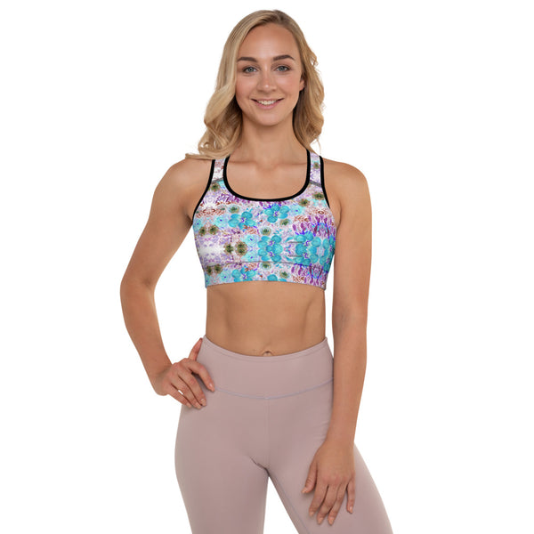 Blue Rose Padded Sports Bra, Purple Mixed Floral Print Women's Padded Sports Bra-Made in USA/ EU (US Size: XS-2XL) Beautiful Bestselling Floral Rose Flower Print Style Sports Bra, Floral Gym Sports Bra, Best Padded Support Active Wear For Women