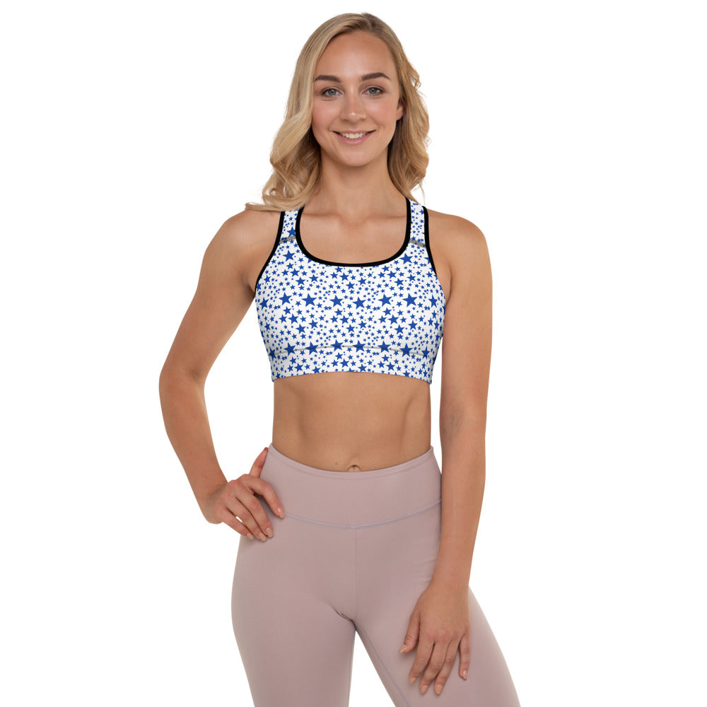 Blue Starry Padded Sports Bra, Star Celestial Space Print Futuristic Galaxy Purple Space Print Women's Padded Sports Bra-Made in USA/ EU (US Size: XS-2XL) Beautiful Bestselling Galaxy Outer Space Style Sports Bra, Bra, Best Active Wear For Women