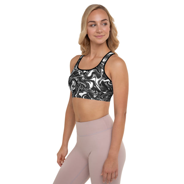 Black Abstract Padded Sports Bra, Best Women's Marbled Print Cute Ladies Workout Girlie Women's Fitness Workout Bra, Padded Yoga Gym Workout Sports Bra For Female Athletes - Made in USA/ EU/ MX (US Size: XS-2XL)