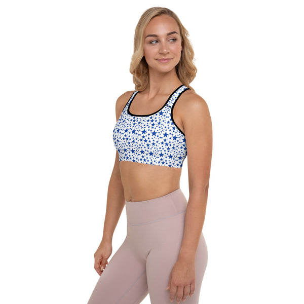 Blue Starry Padded Sports Bra, Star Celestial Space Print Futuristic Galaxy Purple Space Print Women's Padded Sports Bra-Made in USA/ EU (US Size: XS-2XL) Beautiful Bestselling Galaxy Outer Space Style Sports Bra, Bra, Best Active Wear For Women