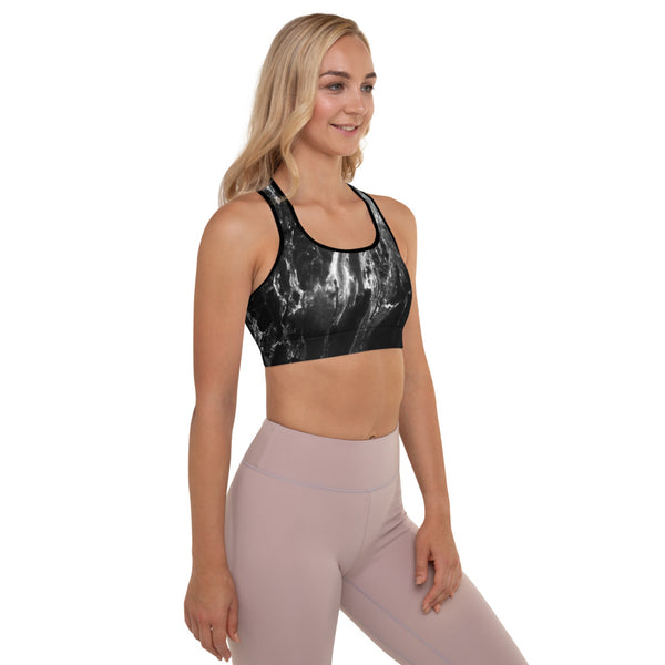 Black Marble Padded Sports Bra, Abstract Marbled Print Cute Ladies Workout Girlie Women's Fitness Workout Bra, Padded Yoga Gym Workout Sports Bra For Female Athletes - Made in USA/ EU/ MX (US Size: XS-2XL)