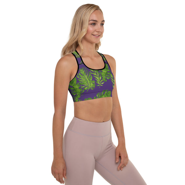 Purple Tropical Padded Sports Bra, Hawaiian Style Leaves Print Cute Ladies Workout Girlie Women's Fitness Workout Bra, Padded Yoga Gym Workout Sports Bra For Female Athletes - Made in USA/ EU/ MX (US Size: XS-2XL)
