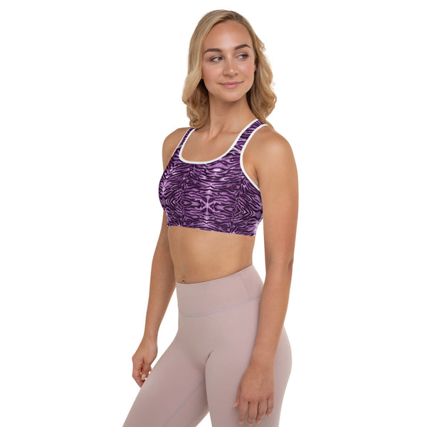 Purple Tiger Padded Sports Bra, Pink Animal Print Cute Ladies Workout Girlie Women's Fitness Workout Bra, Padded Yoga Gym Workout Sports Bra For Female Athletes - Made in USA/ EU/ MX (US Size: XS-2XL)