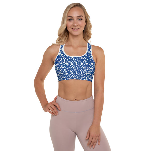 Blue Starry Padded Sports Bra, Blue White Star Celestial Space Print Futuristic Galaxy Purple Space Print Women's Padded Sports Bra-Made in USA/ EU (US Size: XS-2XL) Beautiful Bestselling Galaxy Outer Space Style Sports Bra, Bra, Best Active Wear For Women