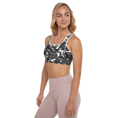 Black Abstract Padded Sports Bra, Best Women's Marbled Print Cute Ladies Workout Girlie Women's Fitness Workout Bra, Padded Yoga Gym Workout Sports Bra For Female Athletes - Made in USA/ EU/ MX (US Size: XS-2XL)