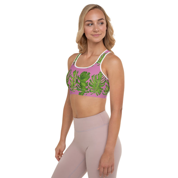 Pink Tropical Leaves Sports Bra, Best Girlie Women's Fitness Workout Bra, Padded Yoga Gym Workout Sports Bra For Female Athletes - Made in USA/ EU/ MX (US Size: XS-2XL)