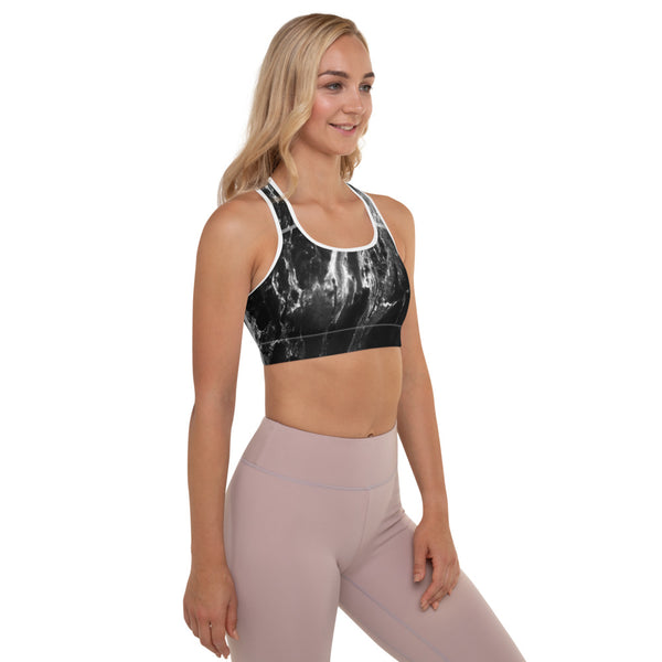 Black Marble Padded Sports Bra, Abstract Marbled Print Cute Ladies Workout Girlie Women's Fitness Workout Bra, Padded Yoga Gym Workout Sports Bra For Female Athletes - Made in USA/ EU/ MX (US Size: XS-2XL)