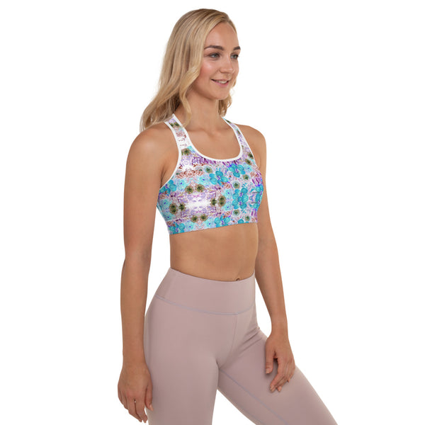 Blue Rose Padded Sports Bra, Purple Mixed Floral Print Women's Padded Sports Bra-Made in USA/ EU (US Size: XS-2XL) Beautiful Bestselling Floral Rose Flower Print Style Sports Bra, Floral Gym Sports Bra, Best Padded Support Active Wear For Women