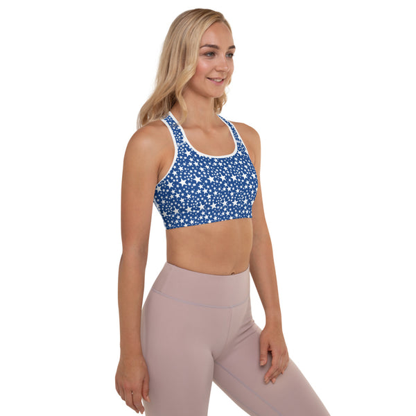 Blue Starry Padded Sports Bra, Blue White Star Celestial Space Print Futuristic Galaxy Purple Space Print Women's Padded Sports Bra-Made in USA/ EU (US Size: XS-2XL) Beautiful Bestselling Galaxy Outer Space Style Sports Bra, Bra, Best Active Wear For Women