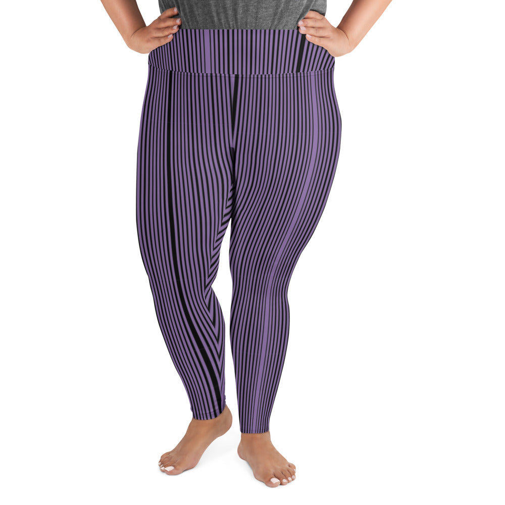 Purple Striped Plus Size Leggings - Heidikimurart Limited Purple Striped Plus Size Leggings, Vertical Striped Printed Best Women's Leggings Plus Size, Women's Yoga Pants Long Plus Size Leggings - Made in USA/EU (US Size: 2XL-6XL)