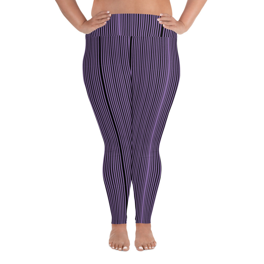 Purple Striped Plus Size Leggings, Vertical Striped Print Tights