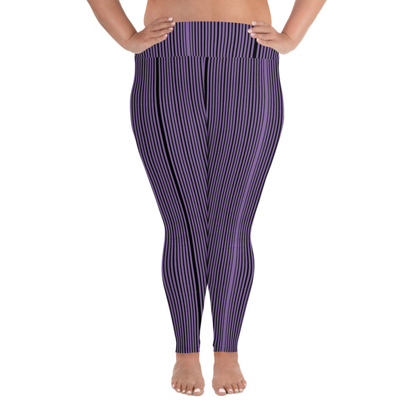 Purple Striped Plus Size Leggings - Heidikimurart Limited  Purple Striped Plus Size Leggings, Vertical Striped Printed Best Women's Leggings Plus Size, Women's Yoga Pants Long Plus Size Leggings - Made in USA/EU (US Size: 2XL-6XL)
