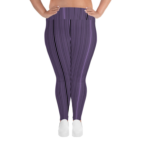 Purple Striped Plus Size Leggings - Heidikimurart Limited  Purple Striped Plus Size Leggings, Vertical Striped Printed Best Women's Leggings Plus Size, Women's Yoga Pants Long Plus Size Leggings - Made in USA/EU (US Size: 2XL-6XL)