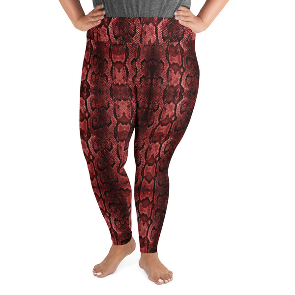 Red Snake Print Women's Tights, Best Python Snake Skin Best Women's Leggings Plus Size, Women's Yoga Pants Long Plus Size Leggings - Made in USA/EU (US Size: 2XL-6XL)