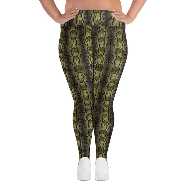Green Snake Print Women's Tights, Best Python Snake Skin Best Women's Leggings Plus Size, Women's Yoga Pants Long Plus Size Leggings - Made in USA/EU (US Size: 2XL-6XL)