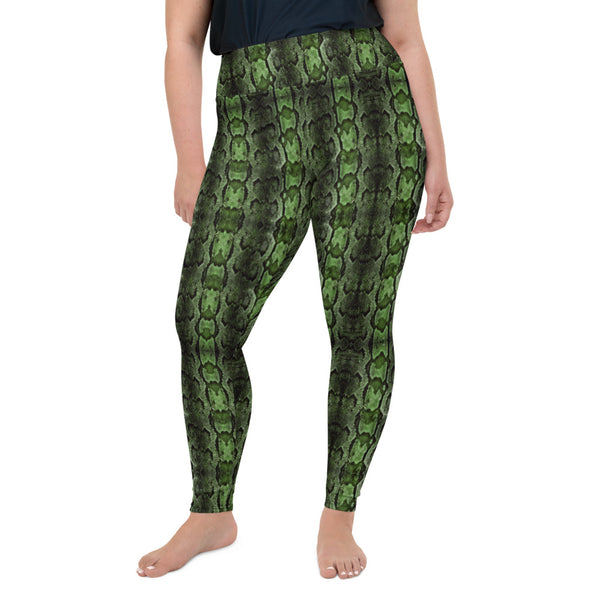Dark Green Snake Women's Tights, Best Python Snake Skin Best Women's Leggings Plus Size, Women's Yoga Pants Long Plus Size Leggings - Made in USA/EU (US Size: 2XL-6XL)