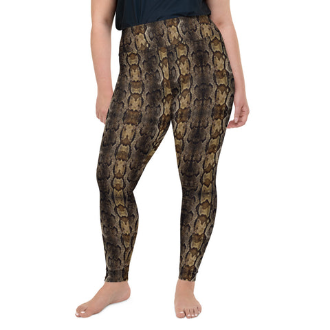 Brown Snake Print Women's Tights, Best Brown Python Snake Skin Best Women's Leggings Plus Size, Women's Yoga Pants Long Plus Size Leggings - Made in USA/EU (US Size: 2XL-6XL)