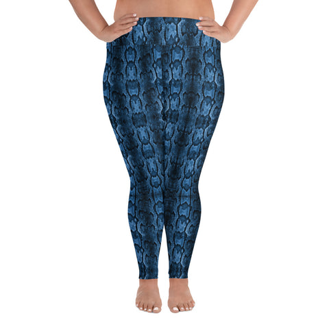 Blue Snake Print Women's Tights, Best Python Snake Skin Best Women's Leggings Plus Size, Women's Yoga Pants Long Plus Size Leggings - Made in USA/EU (US Size: 2XL-6XL)