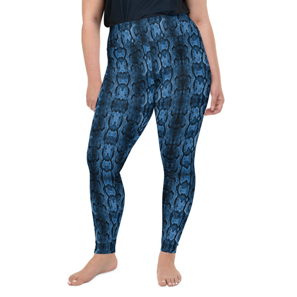 Blue Snake Print Women's Tights, Best Python Snake Skin Best Women's Leggings Plus Size, Women's Yoga Pants Long Plus Size Leggings - Made in USA/EU (US Size: 2XL-6XL)