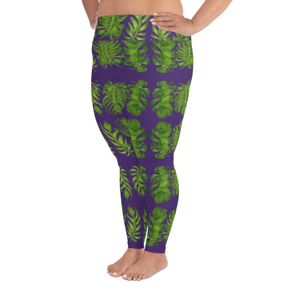 Purple Tropical Women's Yoga Pants, Hawaiian Style Print Plus Size Leggings - Heidikimurart Limited Purple Tropical Women's Yoga Pants, Hawaiian Style Print Plus Size Leggings, Premium Quality Women's Long Yoga Pants Plus Size Leggings For Curvy Women -Made in USA/ EU (US Size: 2XL-6XL) 
