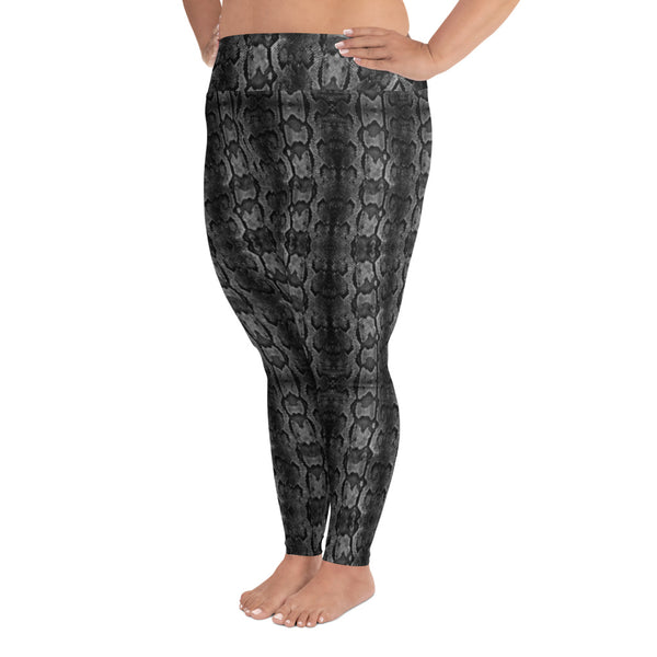 Grey Snake Print Women's Tights, Best Python Snake Skin Best Women's Leggings Plus Size, Women's Yoga Pants Long Plus Size Leggings - Made in USA/EU (US Size: 2XL-6XL)