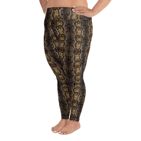 Brown Snake Print Women's Tights, Best Brown Python Snake Skin Best Women's Leggings Plus Size, Women's Yoga Pants Long Plus Size Leggings - Made in USA/EU (US Size: 2XL-6XL)