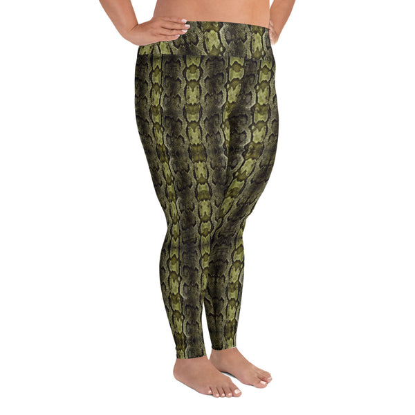 Green Snake Print Women's Tights, Best Python Snake Skin Best Women's Leggings Plus Size, Women's Yoga Pants Long Plus Size Leggings - Made in USA/EU (US Size: 2XL-6XL)