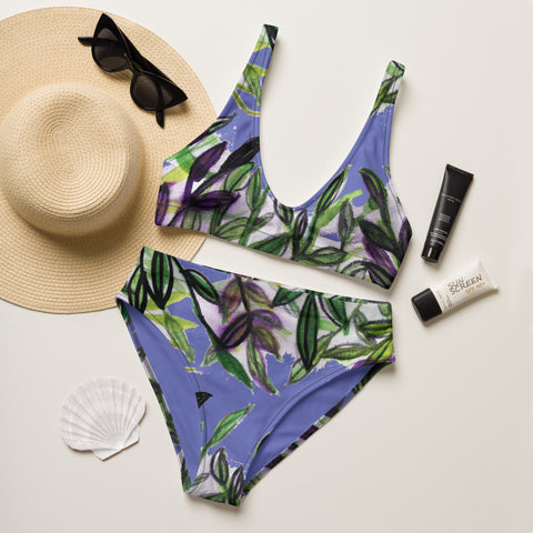 Purple Tropical Print Women's Swimwear, Black and Purple Floral Print Best Quality 2-pc Padded Comfy Recycled High-Waisted Bikini Set For Women, Women's Swimwear & Beachwear, Bikini Top and Bottom Set, Best Plus-Size Swimwear with Padded Bra Support - Made in USA/EU/MX  (US Size: 2XS-3XL)