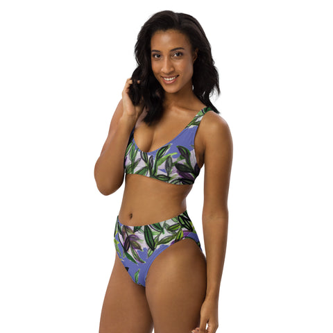 Purple Tropical Print Women's Swimwear, Black and Purple Floral Print Best Quality 2-pc Padded Comfy Recycled High-Waisted Bikini Set For Women, Women's Swimwear & Beachwear, Bikini Top and Bottom Set, Best Plus-Size Swimwear with Padded Bra Support - Made in USA/EU/MX  (US Size: 2XS-3XL)