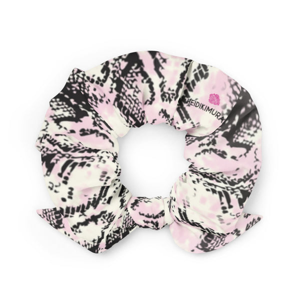 Snake Print Scrunchie, Light Pink Snake Skin Animal Print 1-Size 2" Diameter Wide Elastic Stretchy Premium Women's Large Hair Stylish Accessories With Cute Japanese Style Bow Detail-Made in USA/EU 