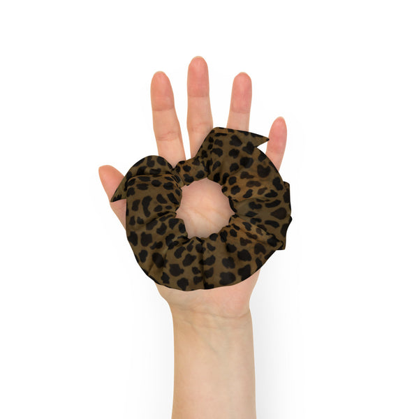 Brown Cheetah Print Scrunchie, 1-Size 2" Diameter Wide Elastic Stretchy Premium Women's Large Hair Stylish Accessories With Cute Japanese Style Bow Detail-Made in USA/EU 