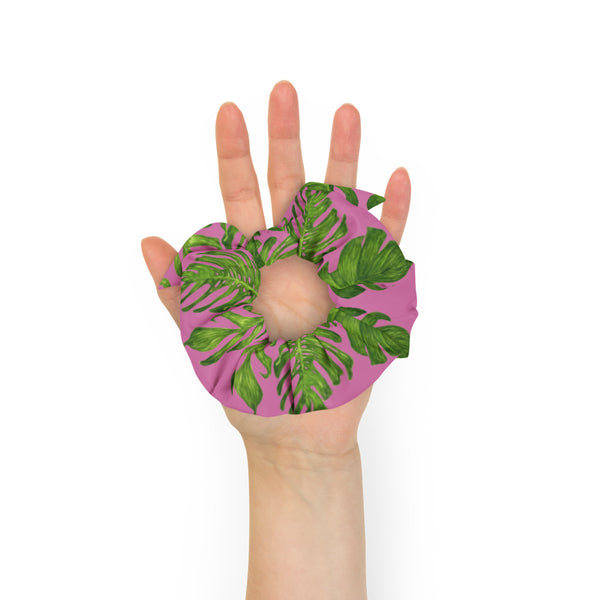 Pink Green Tropical Scrunchie, Hawaiian Style Tropical Leaves Print 1-Size 2" Diameter Wide Elastic Stretchy Premium Women's Large Hair Stylish Accessories With Cute Japanese Style Bow Detail-Made in USA/EU 