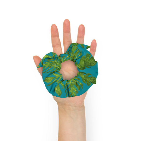 Blue Green Tropical Scrunchie, Hawaiian Style Tropical Leaves Print 1-Size 2" Diameter Wide Elastic Stretchy Premium Women's Large Hair Stylish Accessories With Cute Japanese Style Bow Detail-Made in USA/EU 