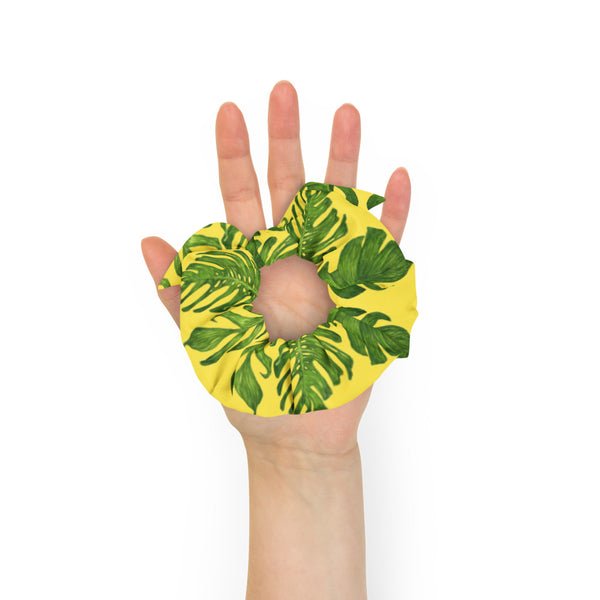 Yellow Green Tropical Scrunchie, Hawaiian Style Tropical Leaves Print 1-Size 2" Diameter Wide Elastic Stretchy Premium Women's Large Hair Stylish Accessories With Cute Japanese Style Bow Detail-Made in USA/EU 