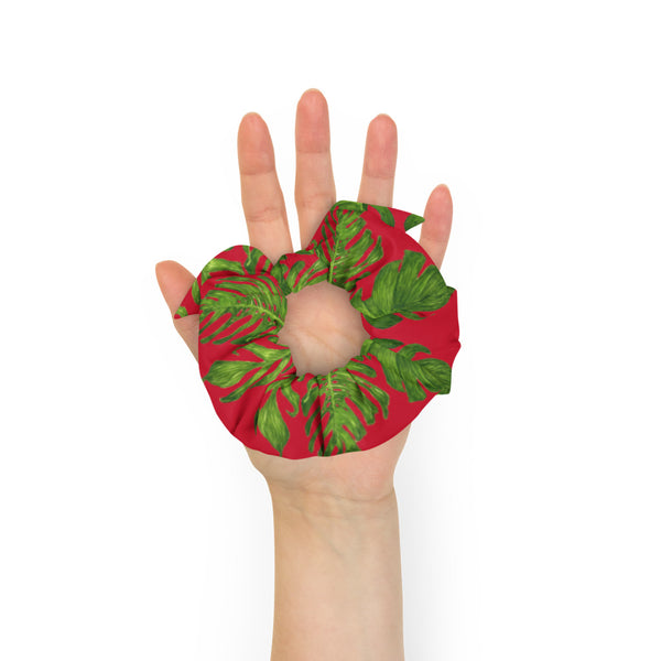 Red Green Tropical Scrunchie, Hawaiian Style Tropical Leaves Print 1-Size 2" Diameter Wide Elastic Stretchy Premium Women's Large Hair Stylish Accessories With Cute Japanese Style Bow Detail-Made in USA/EU 