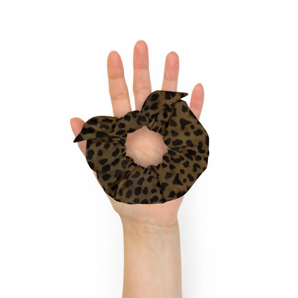 Brown Cheetah Print Scrunchie, 1-Size 2" Diameter Wide Elastic Stretchy Premium Women's Large Hair Stylish Accessories With Cute Japanese Style Bow Detail-Made in USA/EU 