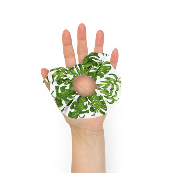 White Green Tropical Scrunchie, Hawaiian Style Tropical Leaves Print 1-Size 2" Diameter Wide Elastic Stretchy Premium Women's Large Hair Stylish Accessories With Cute Japanese Style Bow Detail-Made in USA/EU 