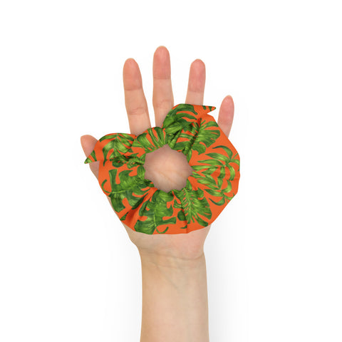Orange Green Tropical Scrunchie, Hawaiian Style Tropical Leaves Print 1-Size 2" Diameter Wide Elastic Stretchy Premium Women's Large Hair Stylish Accessories With Cute Japanese Style Bow Detail-Made in USA/EU 