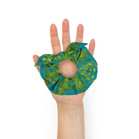 Blue Green Tropical Scrunchie, Hawaiian Style Tropical Leaves Print 1-Size 2" Diameter Wide Elastic Stretchy Premium Women's Large Hair Stylish Accessories With Cute Japanese Style Bow Detail-Made in USA/EU 