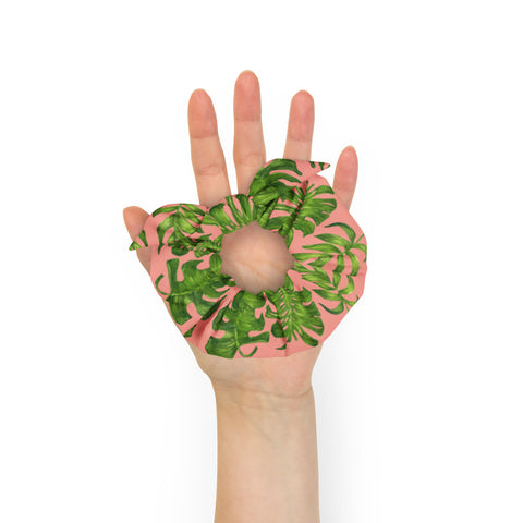 Pink Green Tropical Scrunchie, Hawaiian Style Tropical Leaves Print 1-Size 2" Diameter Wide Elastic Stretchy Premium Women's Large Hair Stylish Accessories With Cute Japanese Style Bow Detail-Made in USA/EU 