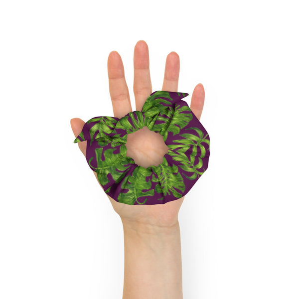 Dark Purple Tropical Scrunchie, Hawaiian Style Tropical Leaves Print 1-Size 2" Diameter Wide Elastic Stretchy Premium Women's Large Hair Stylish Accessories With Cute Japanese Style Bow Detail-Made in USA/EU 